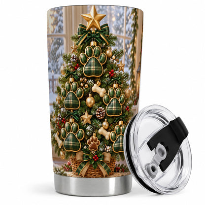 Christmas Dog Paw 20oz Tumbler, Green Plaid Holiday Tree Design
