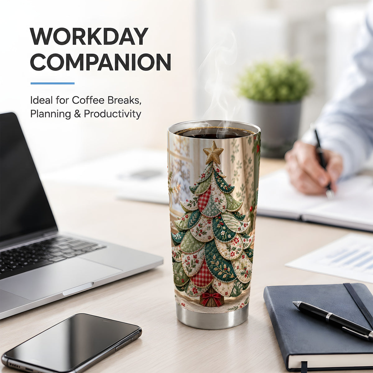 Patchwork Christmas Tree 20oz Tumbler, Quilted Floral Holiday Art