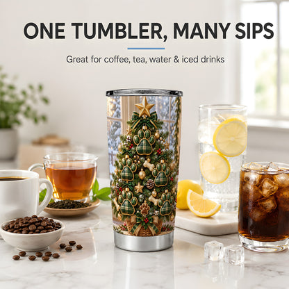 Christmas Dog Paw 20oz Tumbler, Green Plaid Holiday Tree Design