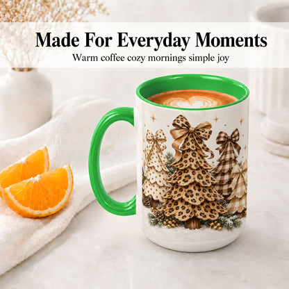 #pl[15oz|Green] Leopard Print Christmas Trees Accent Mug, Ceramic Holiday Coffee Cup