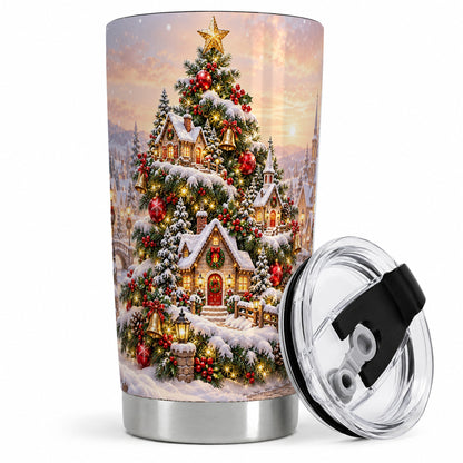 Snowy Christmas Village 20oz Tumbler, Winter Cottage Tree Artwork