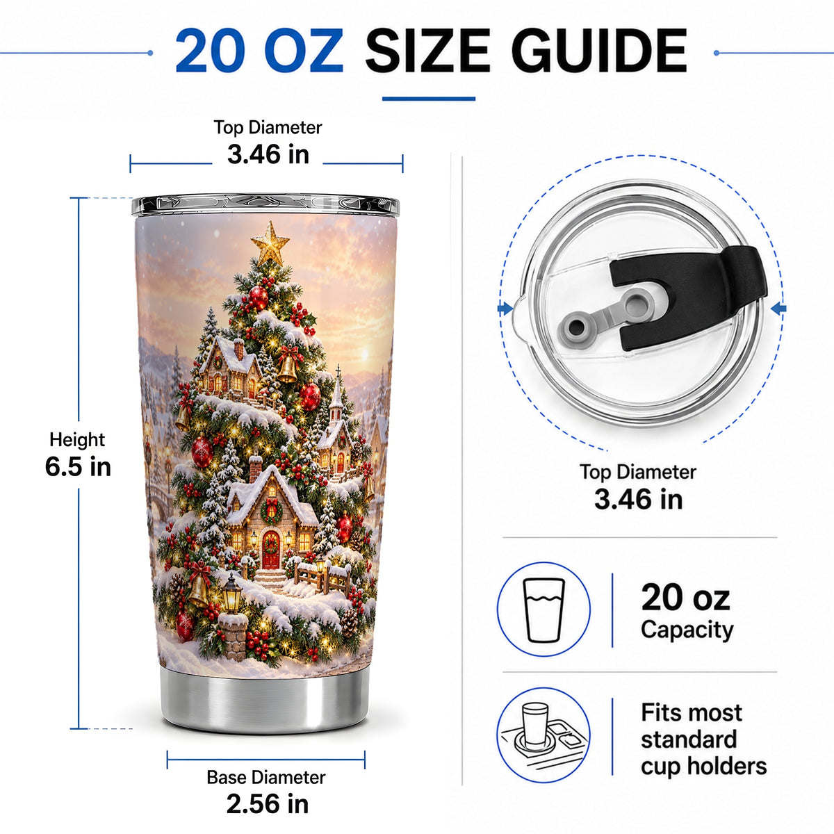 #pl[20oz|Steel] Snowy Christmas Village 20oz Tumbler, Winter Cottage Tree Artwork