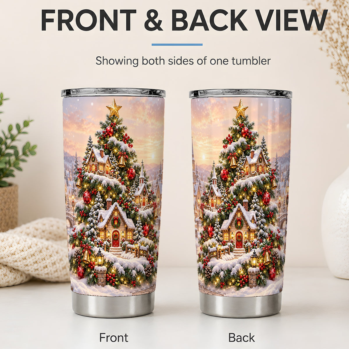 #pl[20oz|Steel] Snowy Christmas Village 20oz Tumbler, Winter Cottage Tree Artwork
