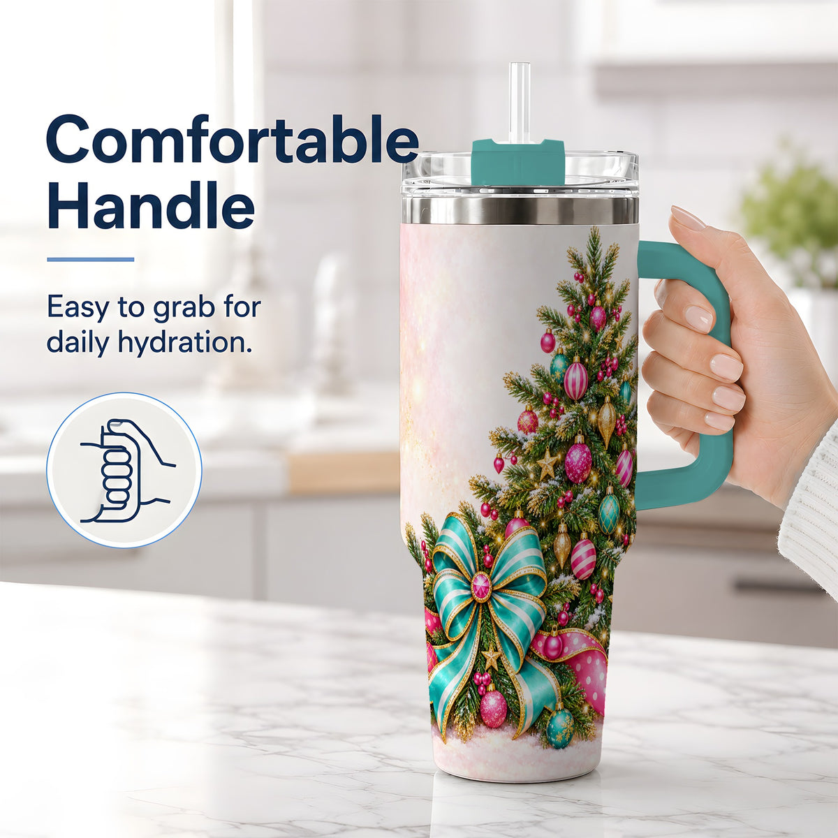 #pl[40oz|Green] Pink Christmas Tree Tumbler, 40oz Handled Stainless Steel Drinkware