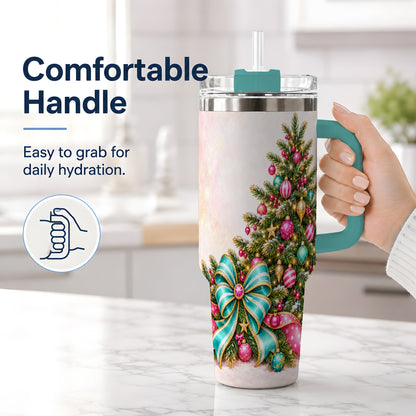 #pl[40oz|Green] Pink Christmas Tree Tumbler, 40oz Handled Stainless Steel Drinkware
