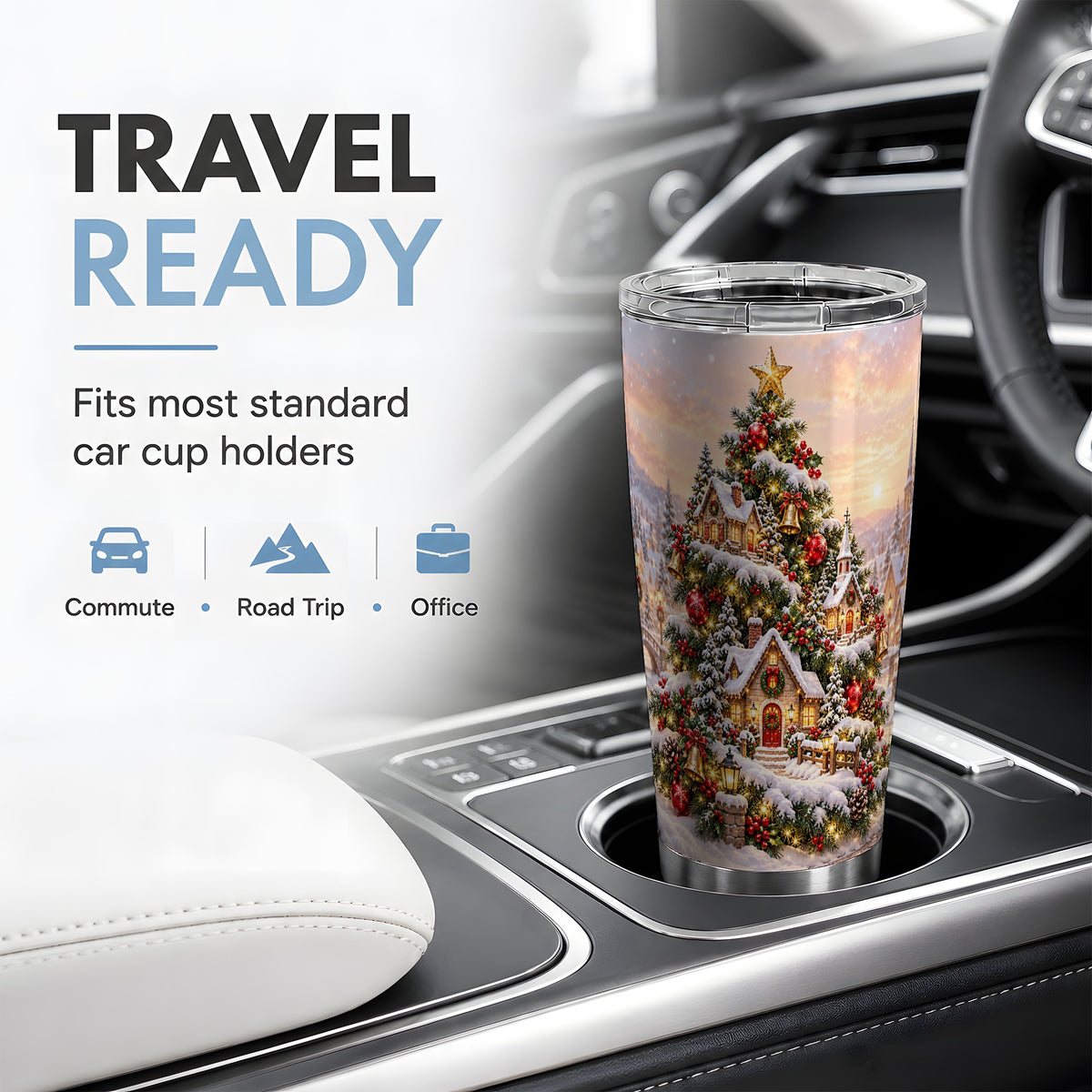 Snowy Christmas Village 20oz Tumbler, Winter Cottage Tree Artwork