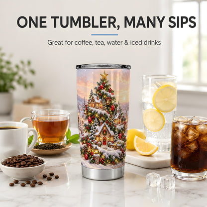 Snowy Christmas Village 20oz Tumbler, Winter Cottage Tree Artwork