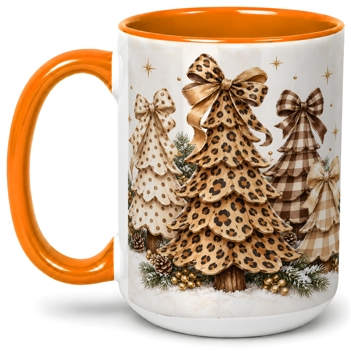 #pl[15oz|Orange] Leopard Print Christmas Trees Accent Mug, Ceramic Holiday Coffee Cup
