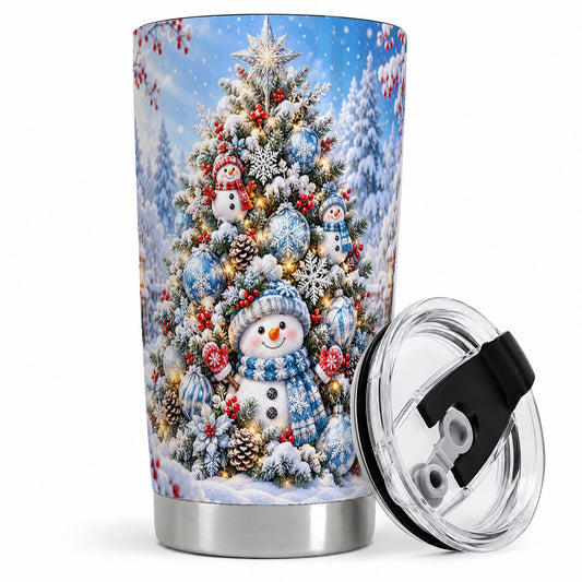 Snowman Christmas Tree 20oz Tumbler, Blue Snowflake Holiday Artwork