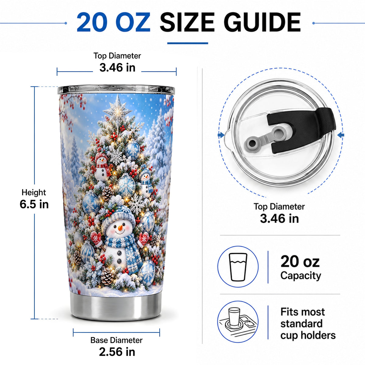 #pl[20oz|Steel] Snowman Christmas Tree 20oz Tumbler, Blue Snowflake Holiday Artwork
