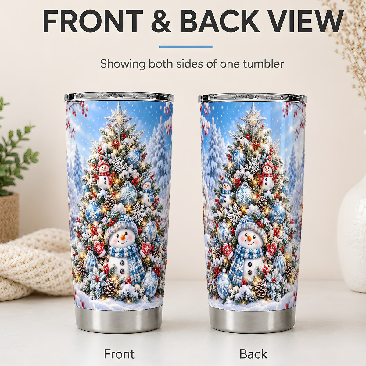 #pl[20oz|Steel] Snowman Christmas Tree 20oz Tumbler, Blue Snowflake Holiday Artwork