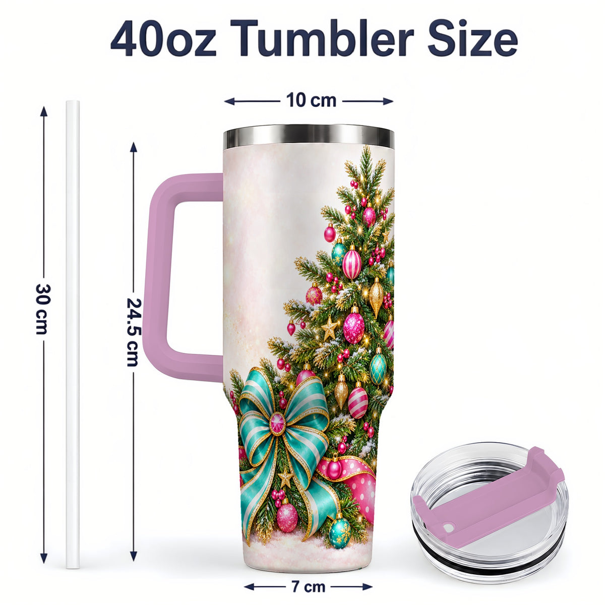 #pl[40oz|Pink] Pink Christmas Tree Tumbler, 40oz Handled Stainless Steel Drinkware