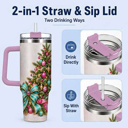 #pl[40oz|Pink] Pink Christmas Tree Tumbler, 40oz Handled Stainless Steel Drinkware