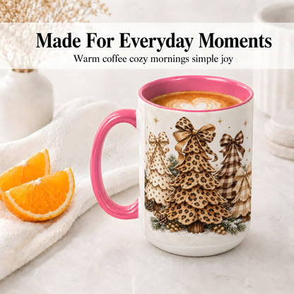 #pl[15oz|Pink] Leopard Print Christmas Trees Accent Mug, Ceramic Holiday Coffee Cup