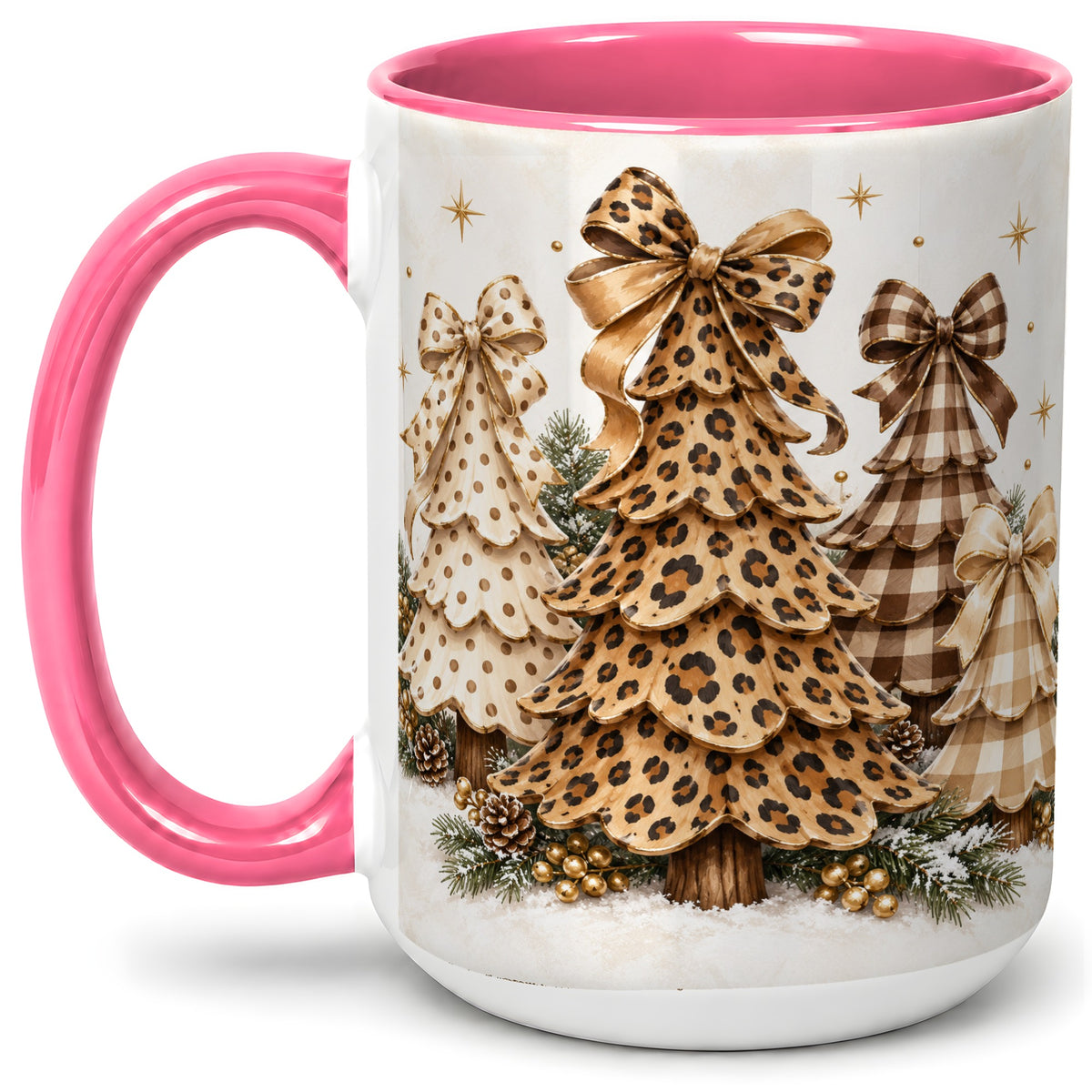 #pl[15oz|Pink] Leopard Print Christmas Trees Accent Mug, Ceramic Holiday Coffee Cup
