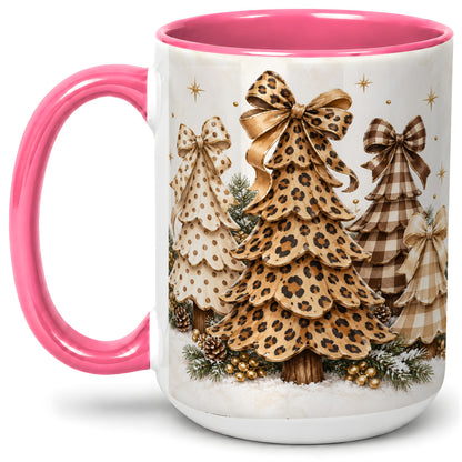#pl[15oz|Pink] Leopard Print Christmas Trees Accent Mug, Ceramic Holiday Coffee Cup