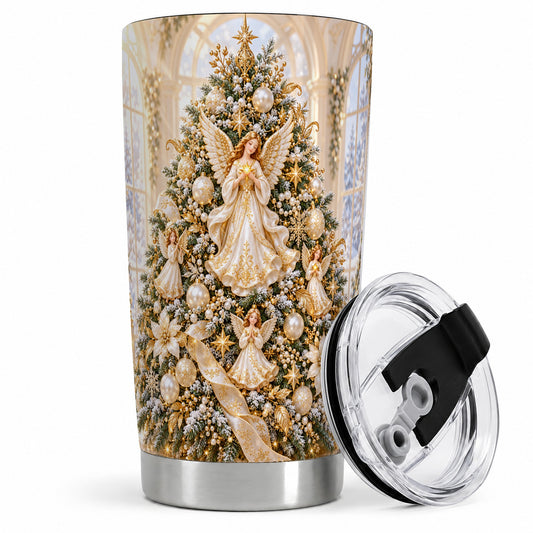 Christmas Angel Tree 20oz Tumbler, White Gold Holiday Artwork