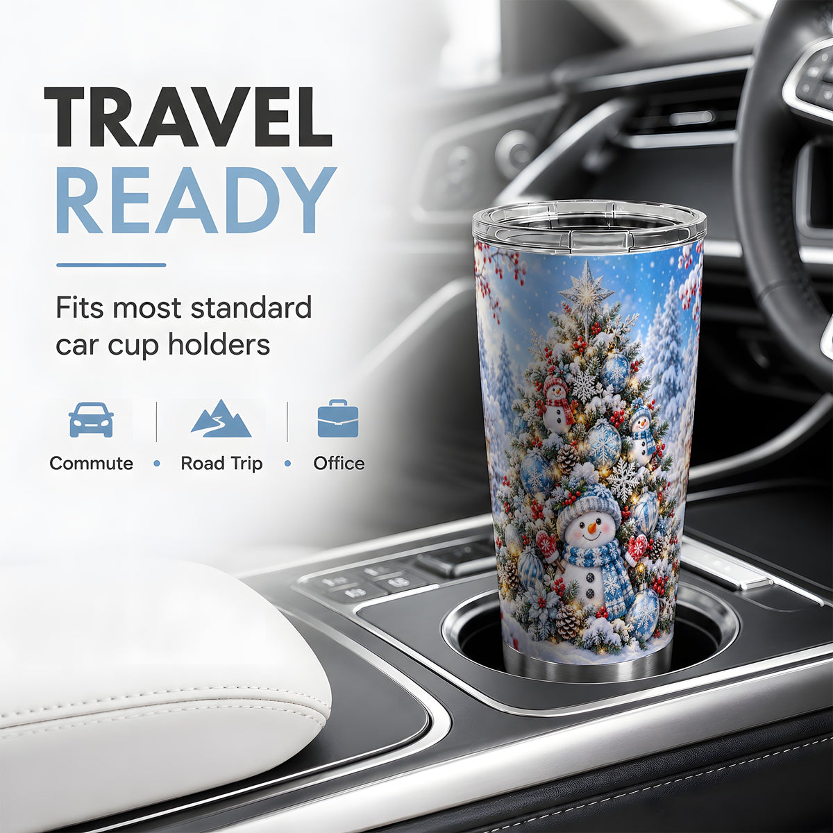 Snowman Christmas Tree 20oz Tumbler, Blue Snowflake Holiday Artwork