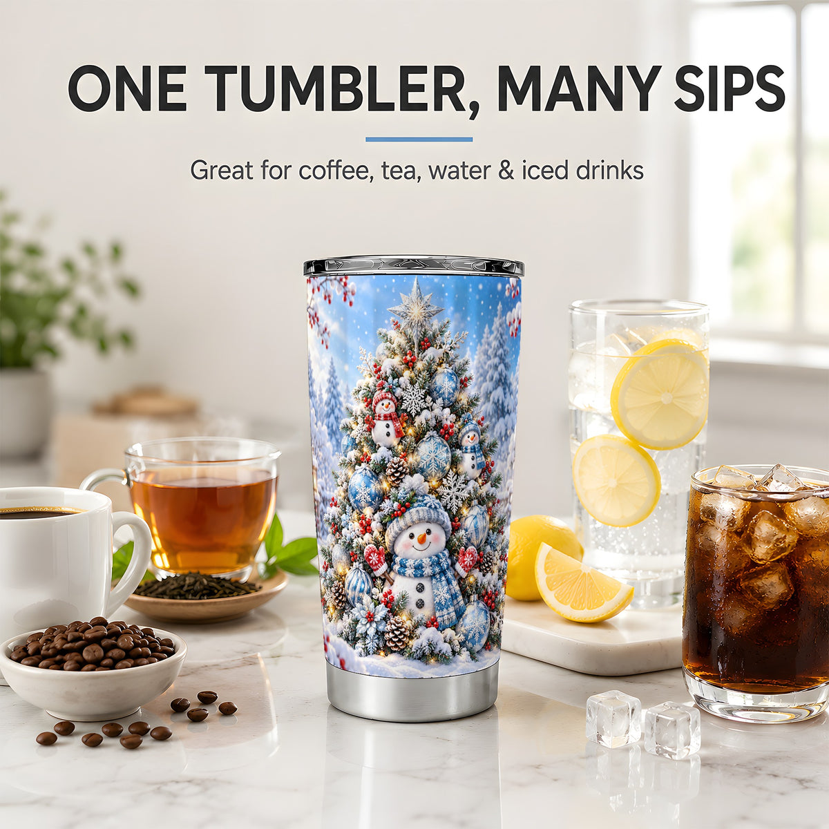Snowman Christmas Tree 20oz Tumbler, Blue Snowflake Holiday Artwork