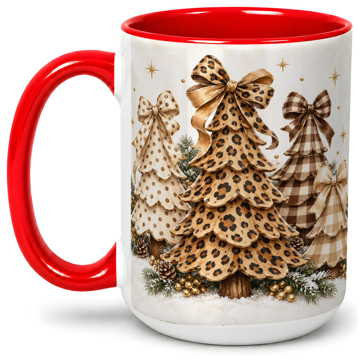 #pl[15oz|Red] Leopard Print Christmas Trees Accent Mug, Ceramic Holiday Coffee Cup