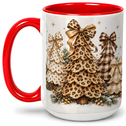 #pl[15oz|Red] Leopard Print Christmas Trees Accent Mug, Ceramic Holiday Coffee Cup