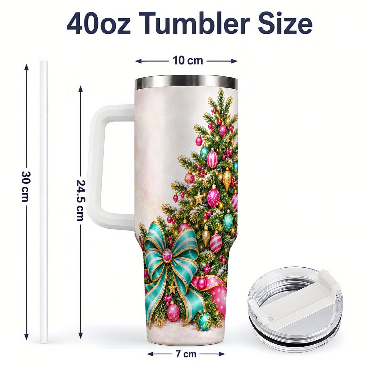 #pl[40oz|White] Pink Christmas Tree Tumbler, 40oz Handled Stainless Steel Drinkware