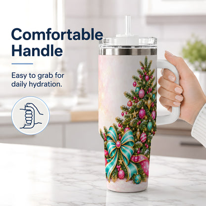 #pl[40oz|White] Pink Christmas Tree Tumbler, 40oz Handled Stainless Steel Drinkware