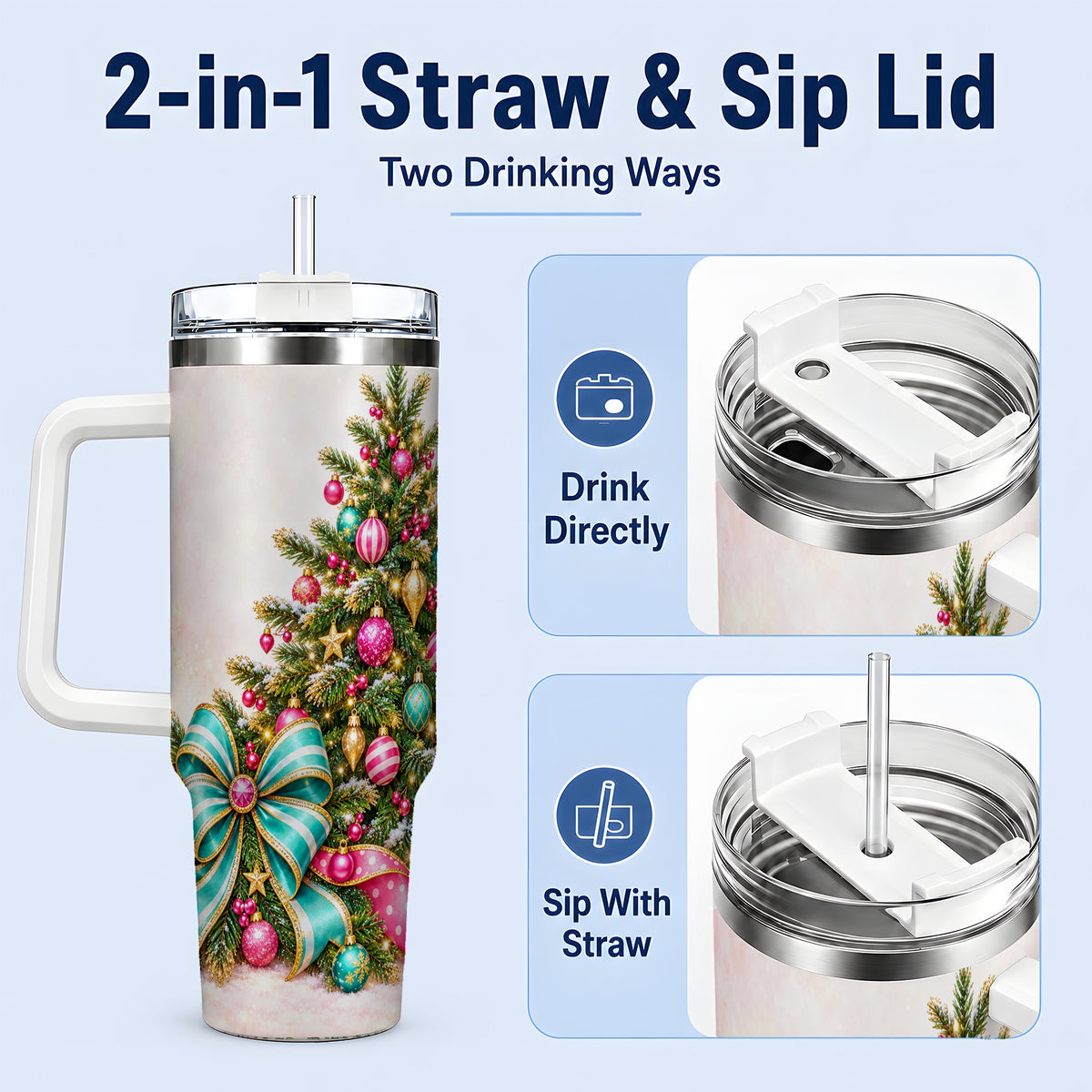 #pl[40oz|White] Pink Christmas Tree Tumbler, 40oz Handled Stainless Steel Drinkware