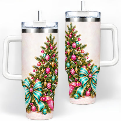 Pink Christmas Tree Tumbler, 40oz Handled Stainless Steel Drinkware
