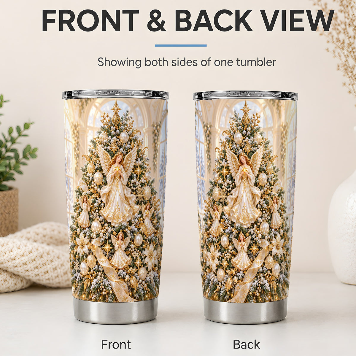 #pl[20oz|Steel] Christmas Angel Tree 20oz Tumbler, White Gold Holiday Artwork