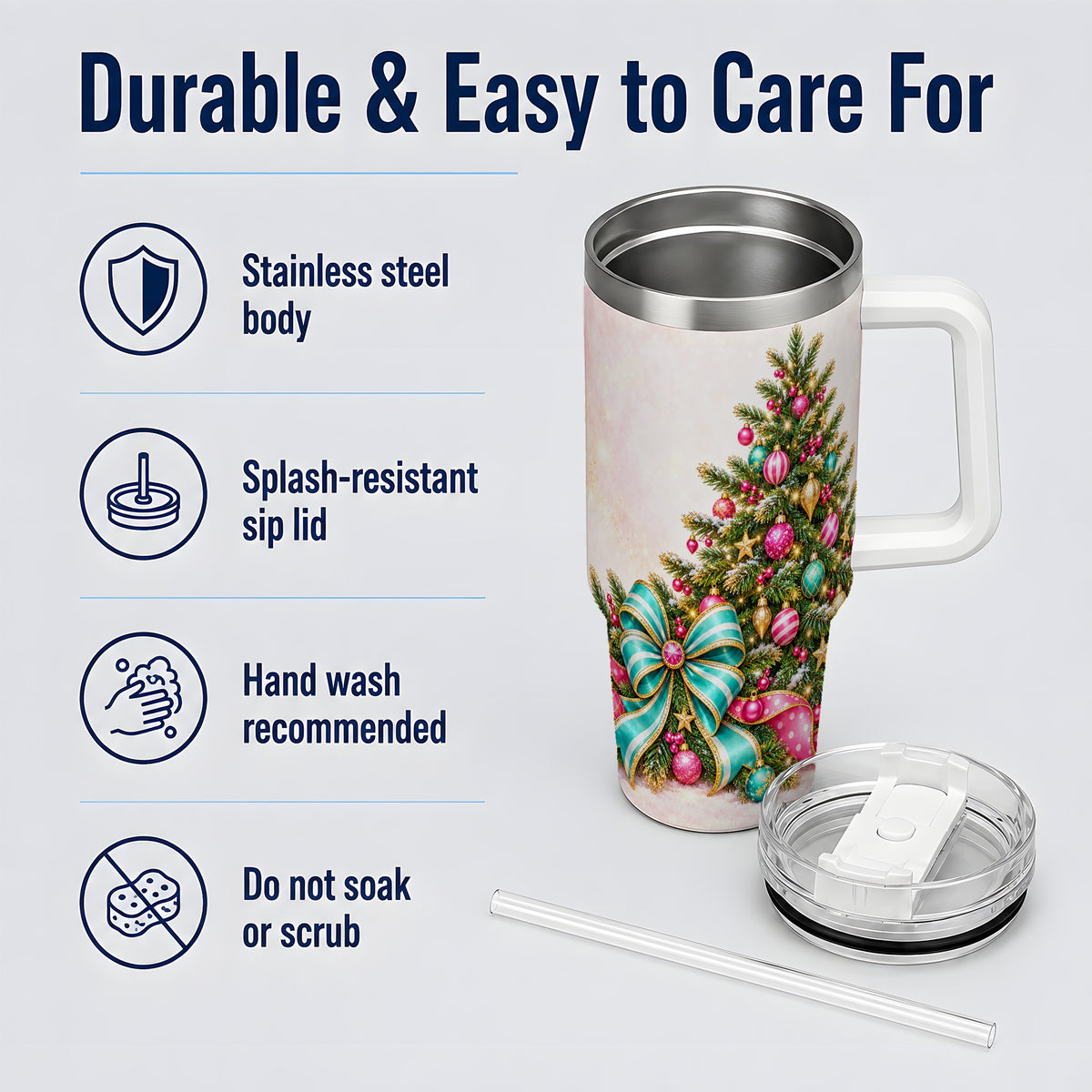 Pink Christmas Tree Tumbler, 40oz Handled Stainless Steel Drinkware