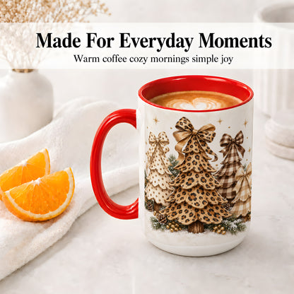 #pl[15oz|Red] Leopard Print Christmas Trees Accent Mug, Ceramic Holiday Coffee Cup