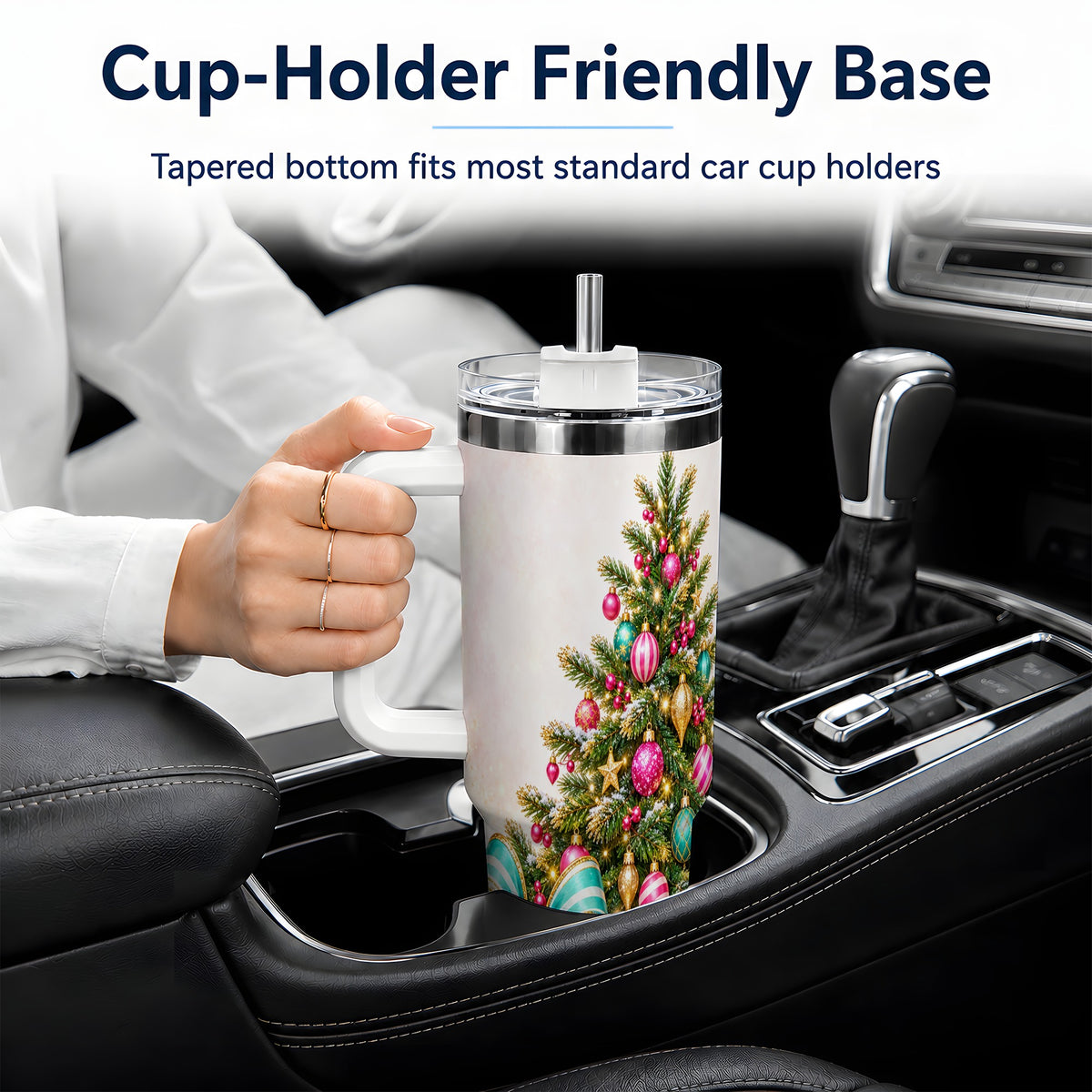 Pink Christmas Tree Tumbler, 40oz Handled Stainless Steel Drinkware
