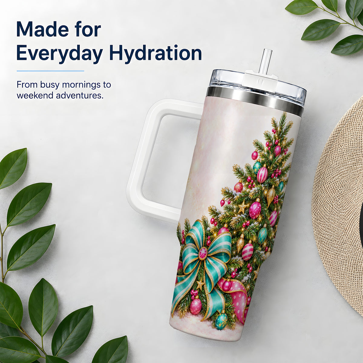 Pink Christmas Tree Tumbler, 40oz Handled Stainless Steel Drinkware