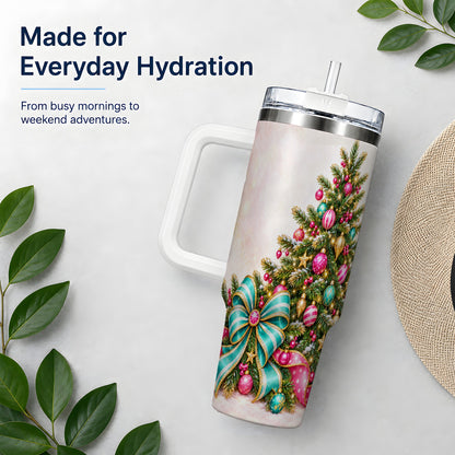 Pink Christmas Tree Tumbler, 40oz Handled Stainless Steel Drinkware