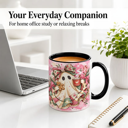 #pl[11oz|Black] Cute Christmas Ghost Accent Mug, Ceramic Coffee Cup for Ghost Fans
