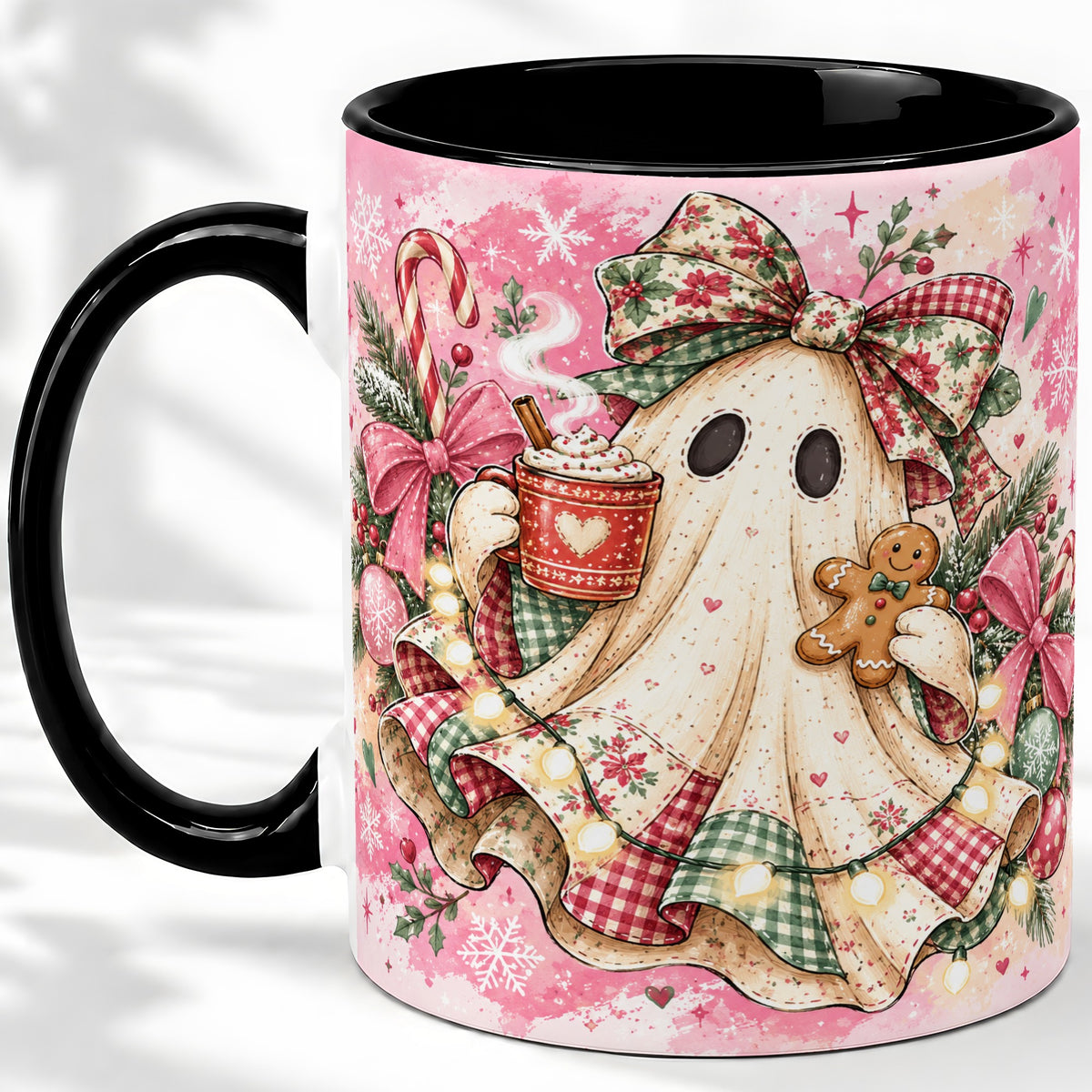 #pl[11oz|Black] Cute Christmas Ghost Accent Mug, Ceramic Coffee Cup for Ghost Fans