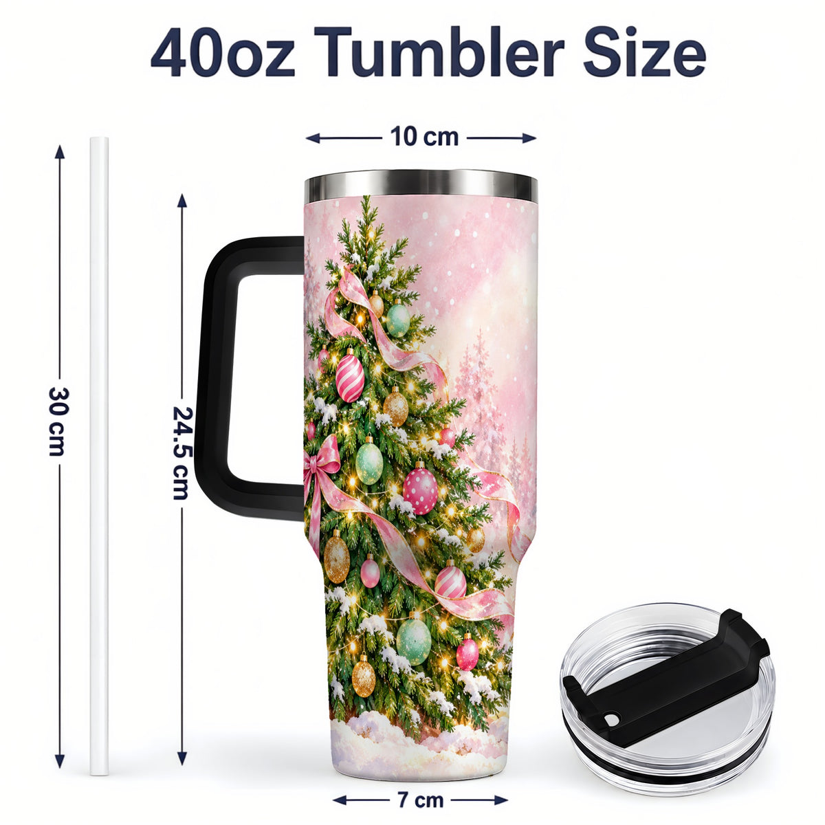 #pl[40oz|Black] Pink Ribbon Christmas Tree Tumbler, 40oz Handled Stainless Steel
