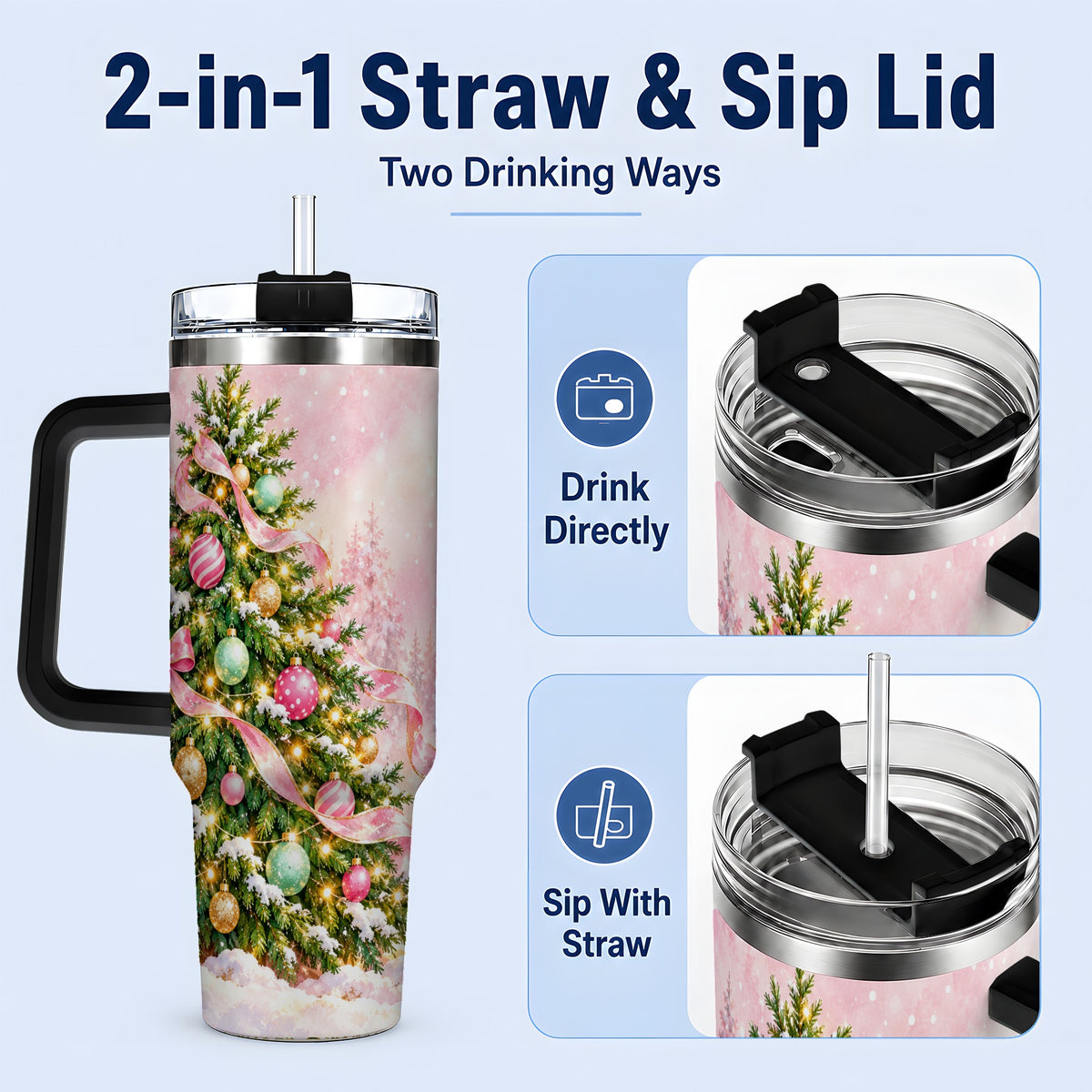 #pl[40oz|Black] Pink Ribbon Christmas Tree Tumbler, 40oz Handled Stainless Steel