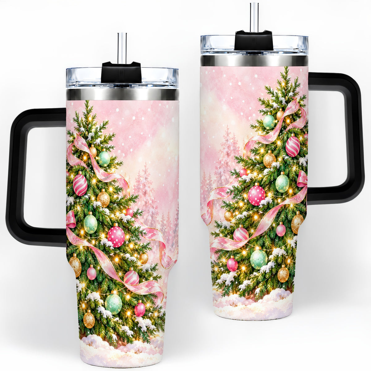 #pl[40oz|Black] Pink Ribbon Christmas Tree Tumbler, 40oz Handled Stainless Steel