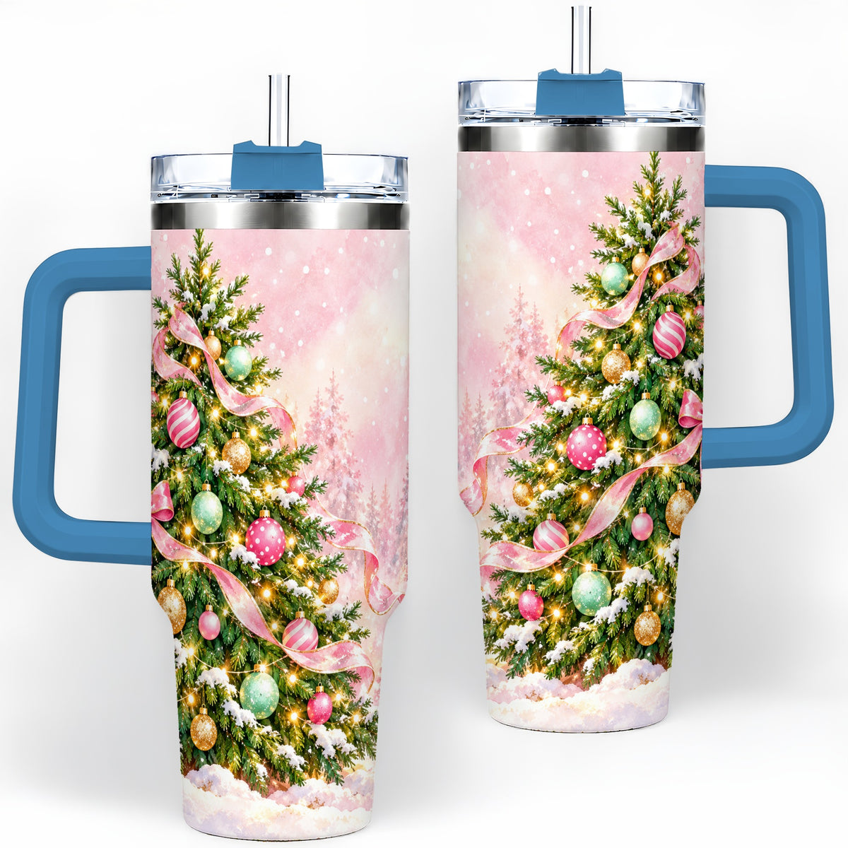 #pl[40oz|Blue] Pink Ribbon Christmas Tree Tumbler, 40oz Handled Stainless Steel
