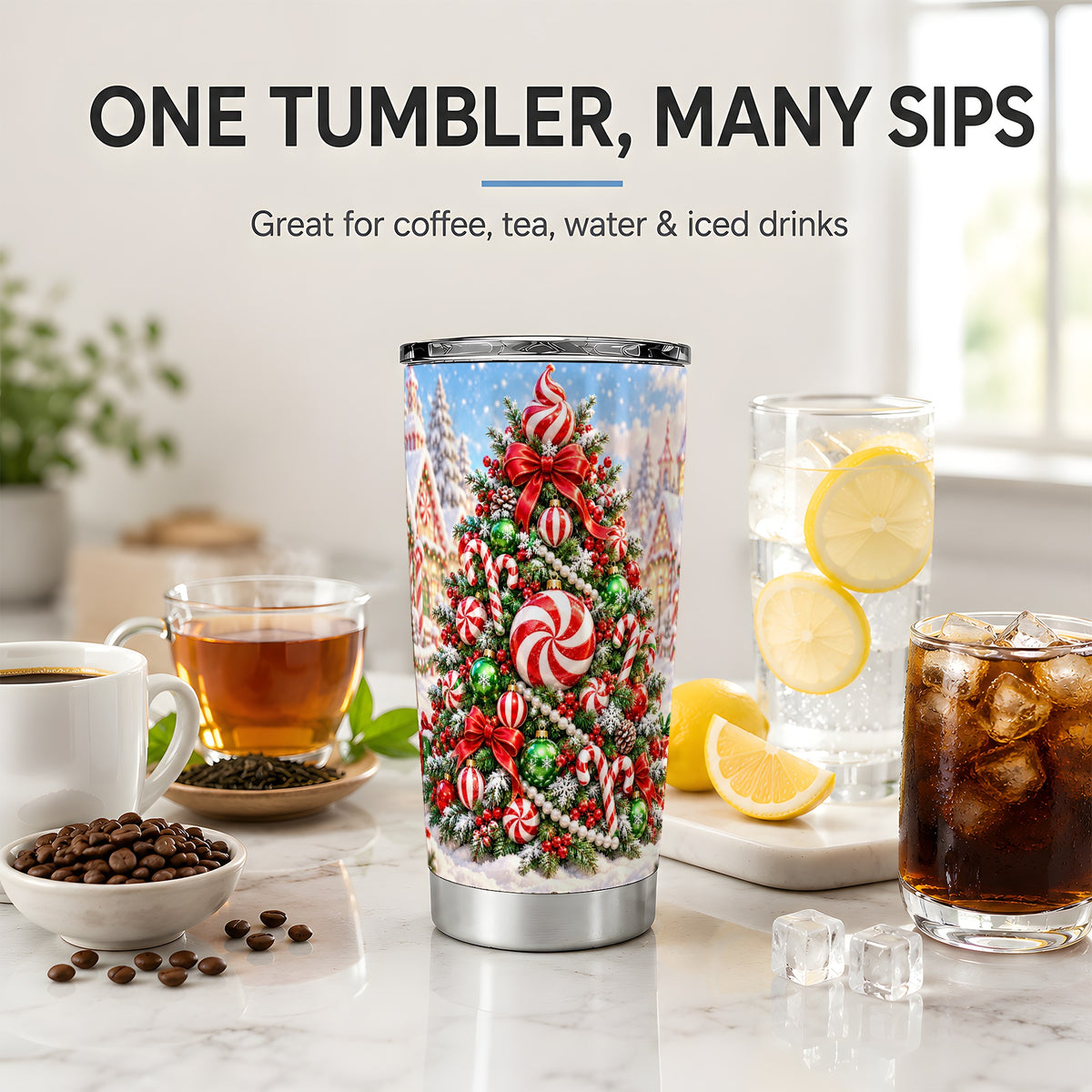 Peppermint Christmas Tree 20oz Tumbler, Candy Cane Winter Artwork