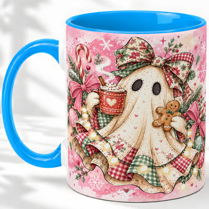 #pl[11oz|Blue] Cute Christmas Ghost Accent Mug, Ceramic Coffee Cup for Ghost Fans