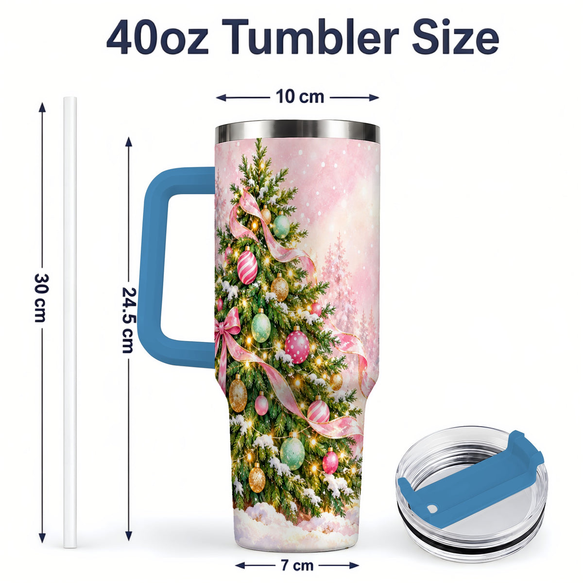 #pl[40oz|Blue] Pink Ribbon Christmas Tree Tumbler, 40oz Handled Stainless Steel