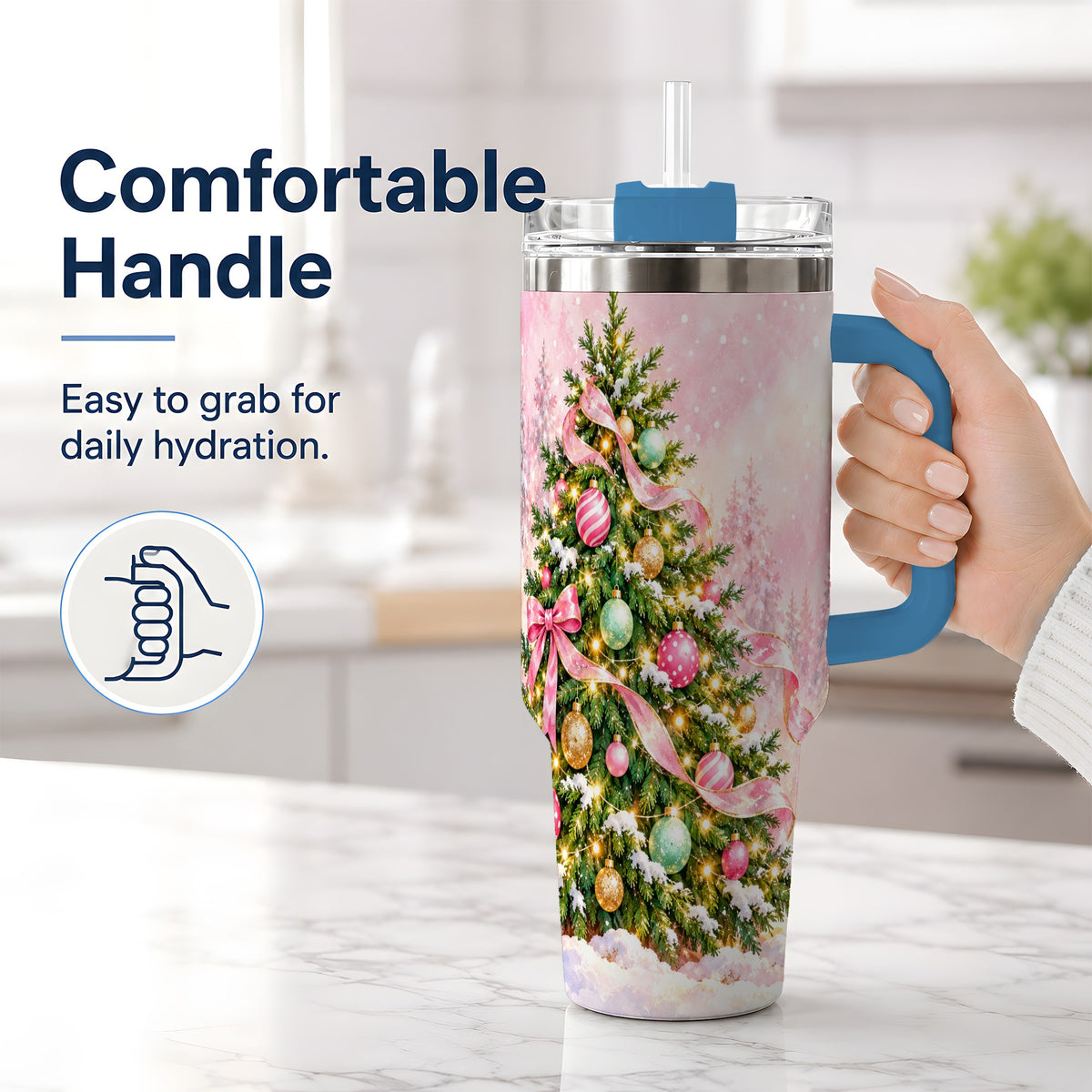 #pl[40oz|Blue] Pink Ribbon Christmas Tree Tumbler, 40oz Handled Stainless Steel