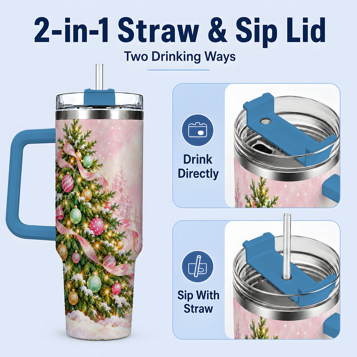 #pl[40oz|Blue] Pink Ribbon Christmas Tree Tumbler, 40oz Handled Stainless Steel