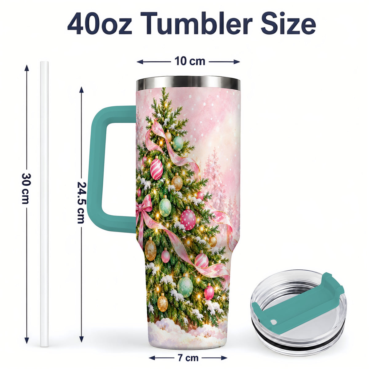 #pl[40oz|Green] Pink Ribbon Christmas Tree Tumbler, 40oz Handled Stainless Steel