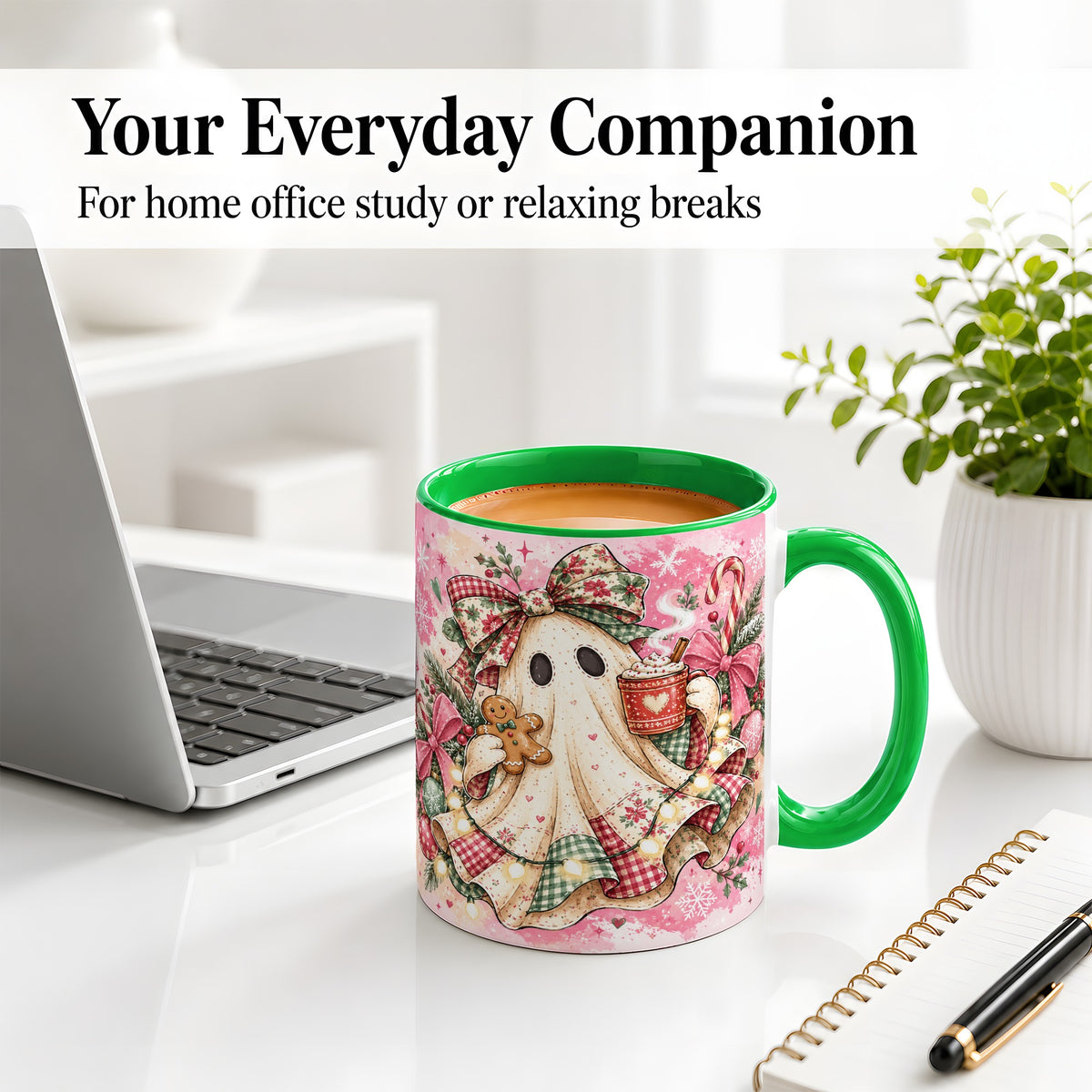 #pl[11oz|Green] Cute Christmas Ghost Accent Mug, Ceramic Coffee Cup for Ghost Fans