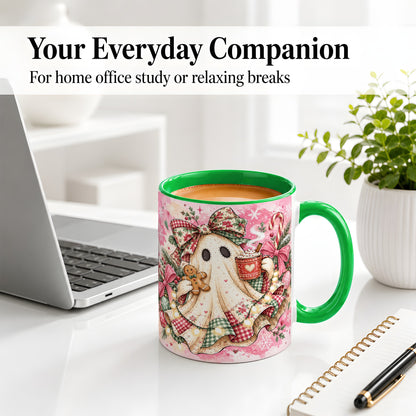 #pl[11oz|Green] Cute Christmas Ghost Accent Mug, Ceramic Coffee Cup for Ghost Fans