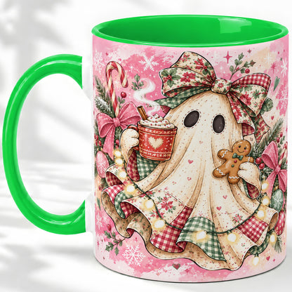 #pl[11oz|Green] Cute Christmas Ghost Accent Mug, Ceramic Coffee Cup for Ghost Fans